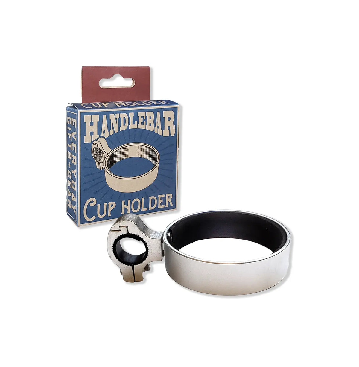 Handlebar cup holder with packaging on a white background