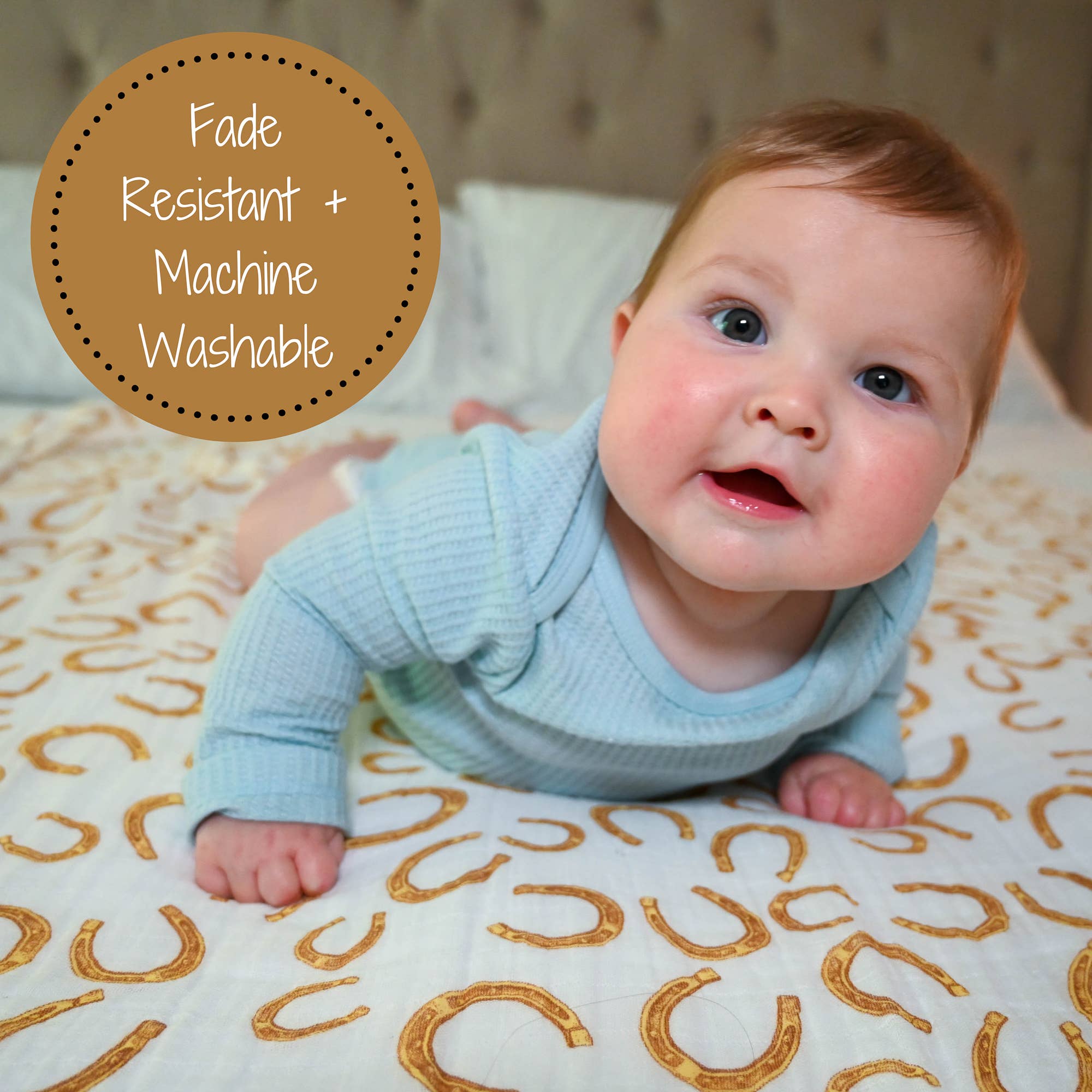 Baby in a light blue outfit on a bed with gold patterns, surrounded by text about fabric properties.