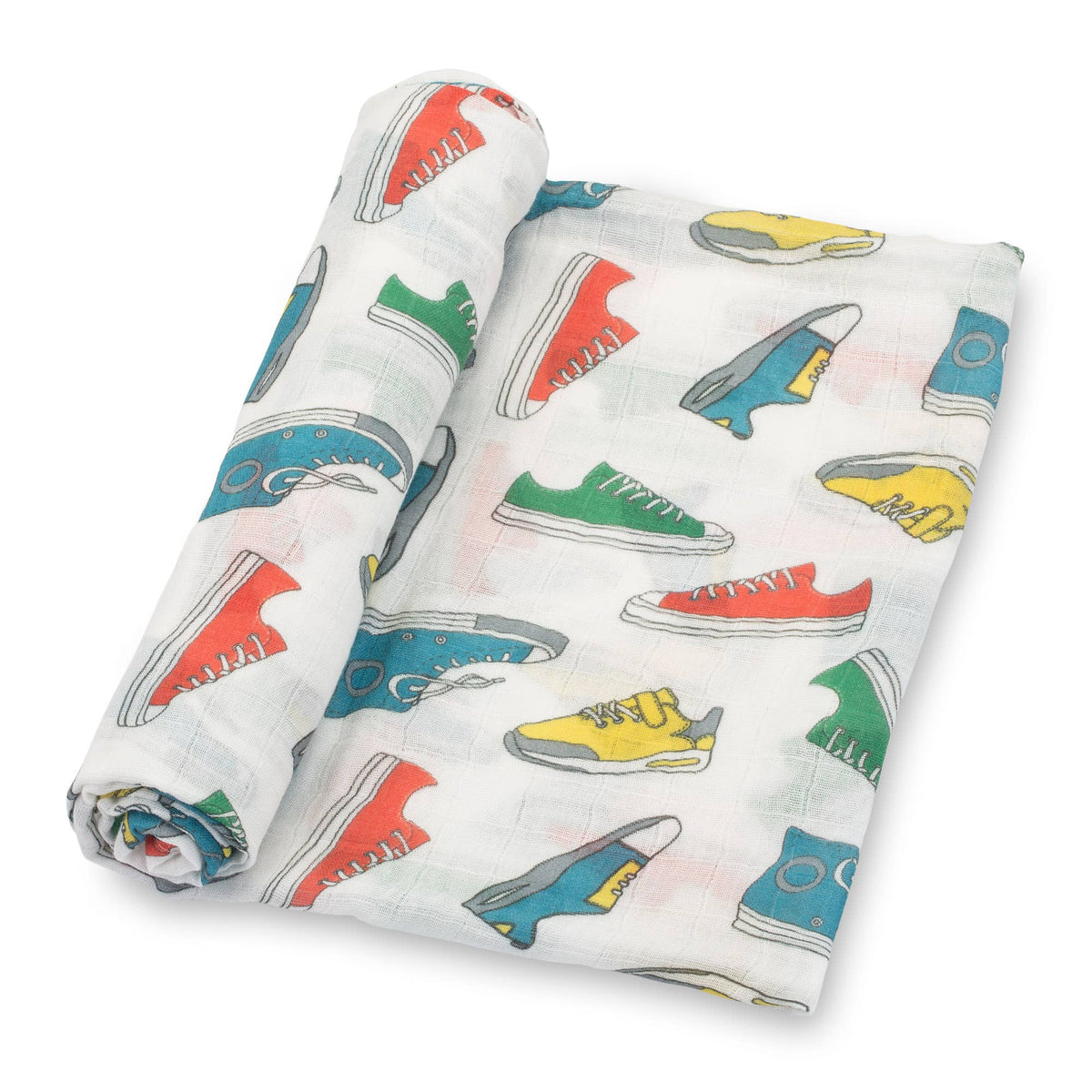 swaddle blanket with colorful shoe pattern on a white background