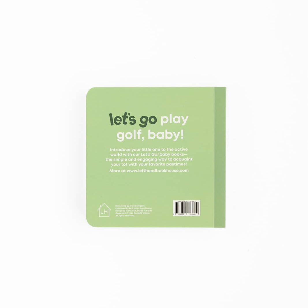 Green book cover with 'let's go play golf, baby!' text on a white background