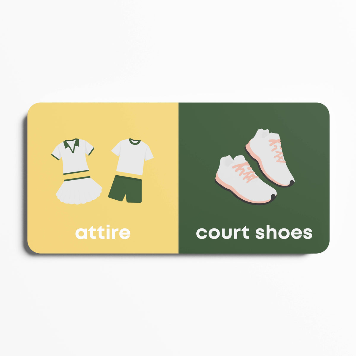 Split card with 'attire' on a yellow side and 'court shoes' on a green side.