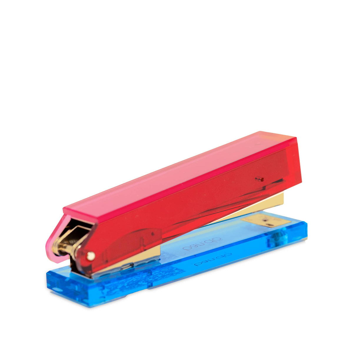 Colorful stapler with red top and blue base on a white background