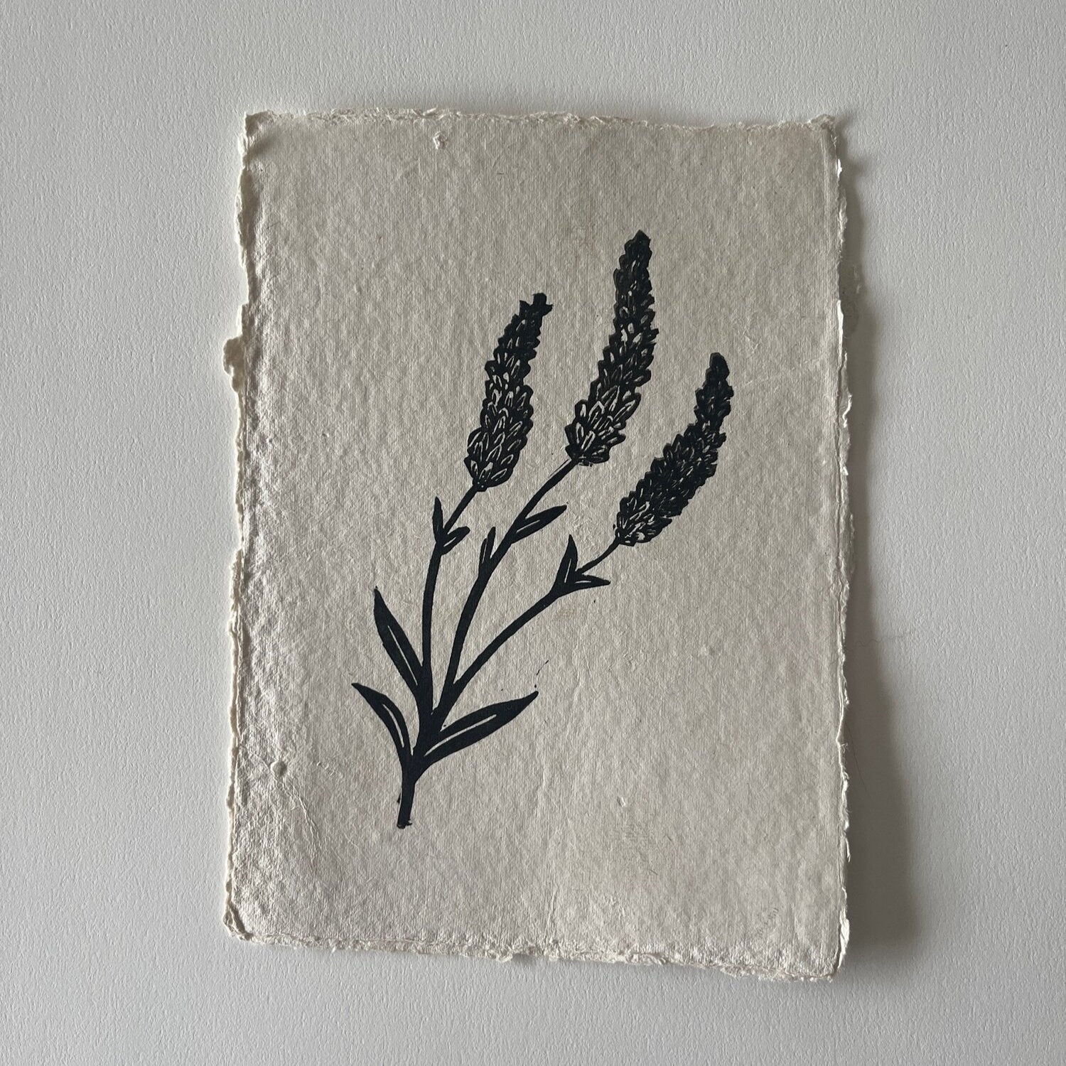 hand carved and pressed black and white 5x7 print of 3 lavender sprigs