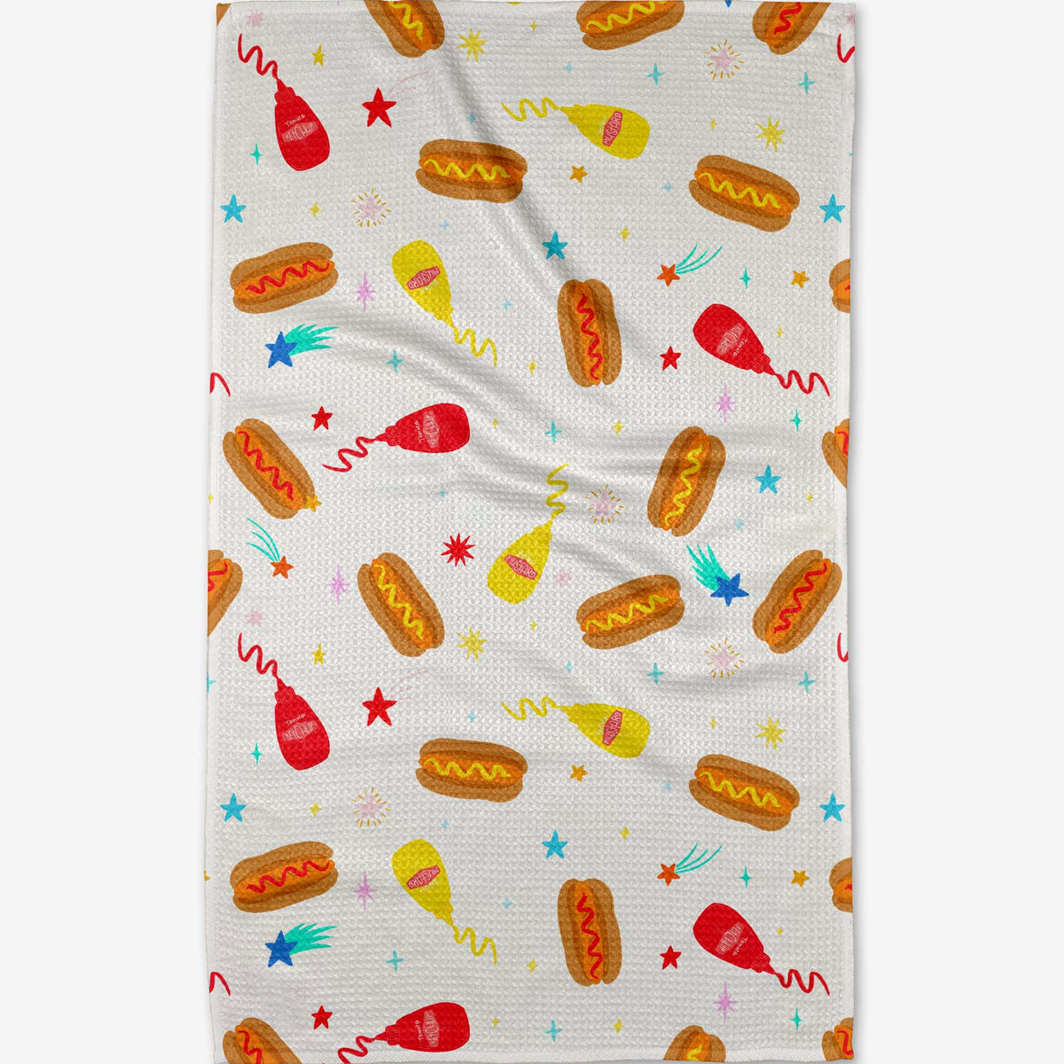 tea towel with hot dog pattern on a white background