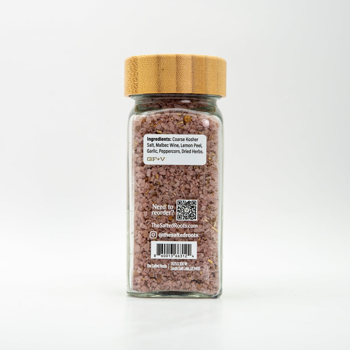 Back view of salt jar with labels.
