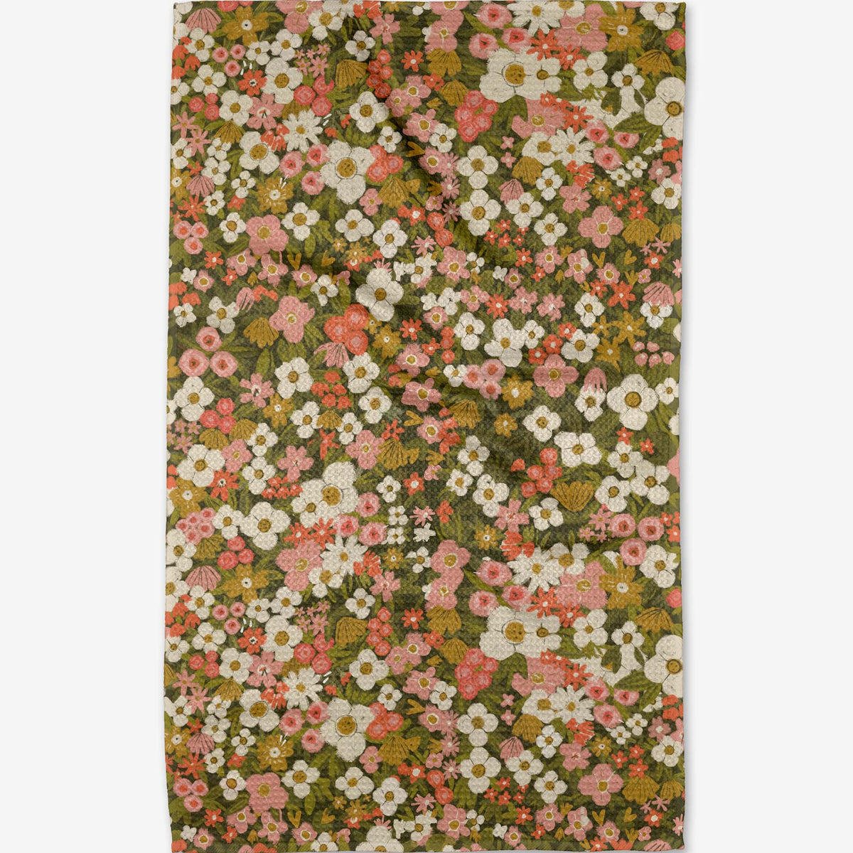Floral patterned tea towel with green background.