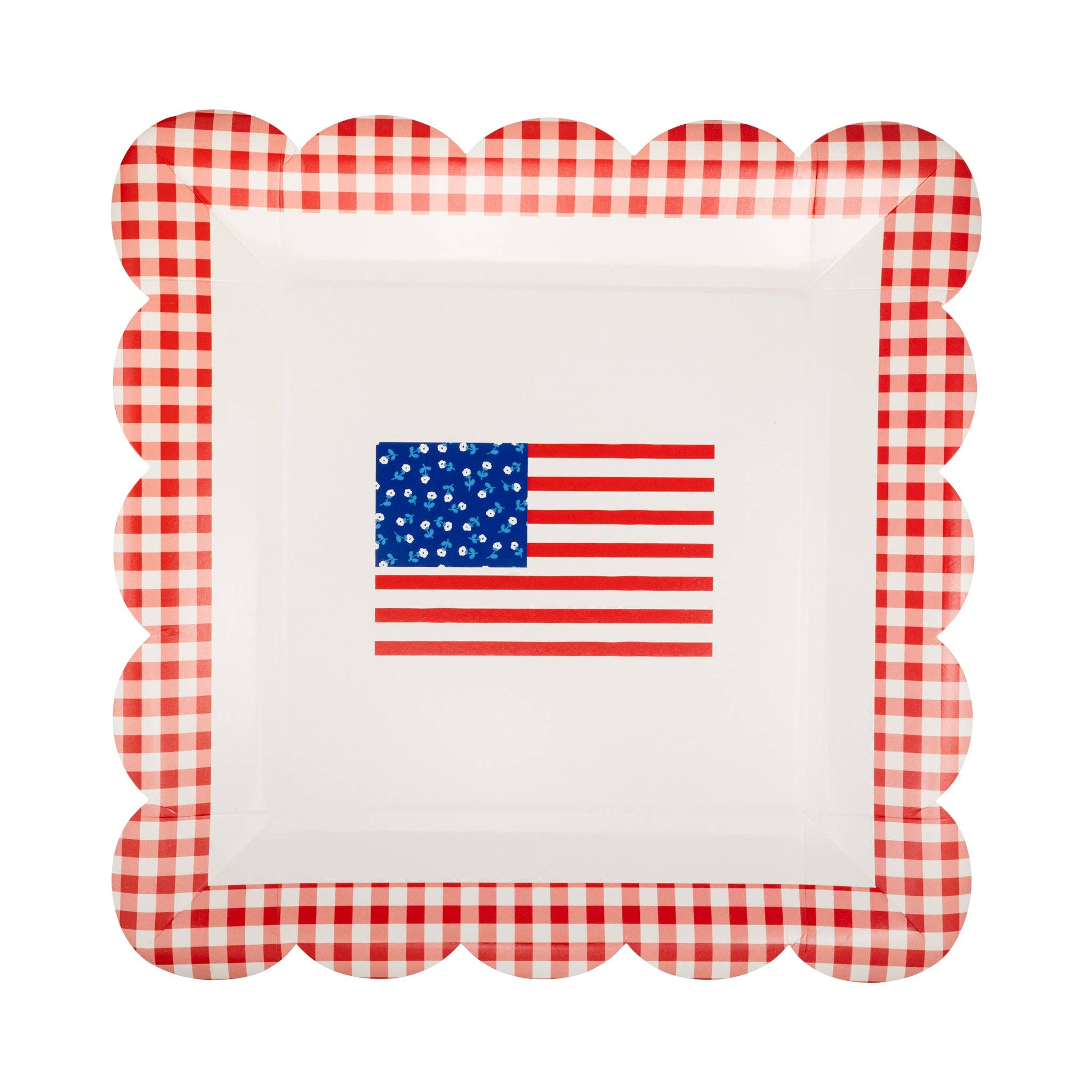 Bring classic Americana charm to your patriotic celebrations with our 10” Gingham Flag Dinner Plate from the Floral and Flags collection. Featuring a cheerful red, blue, and cream gingham flag design with elegant scalloped edges, these sturdy paper plates are perfect for Fourth of July barbecues, Memorial Day picnics, or any summer gathering. Make your table setting effortlessly festive and memorable with this standout piece of paper tableware.