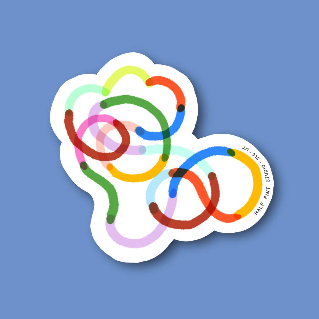 This colorful vinyl sticker features an abstract design of overlapping, looping lines in bright shades of red, green, blue, yellow, orange, pink, and purple on a white background. The playful, freeform pattern creates a lively and modern artistic look, perfect for adding a pop of color to laptops, journals, or water bottles.