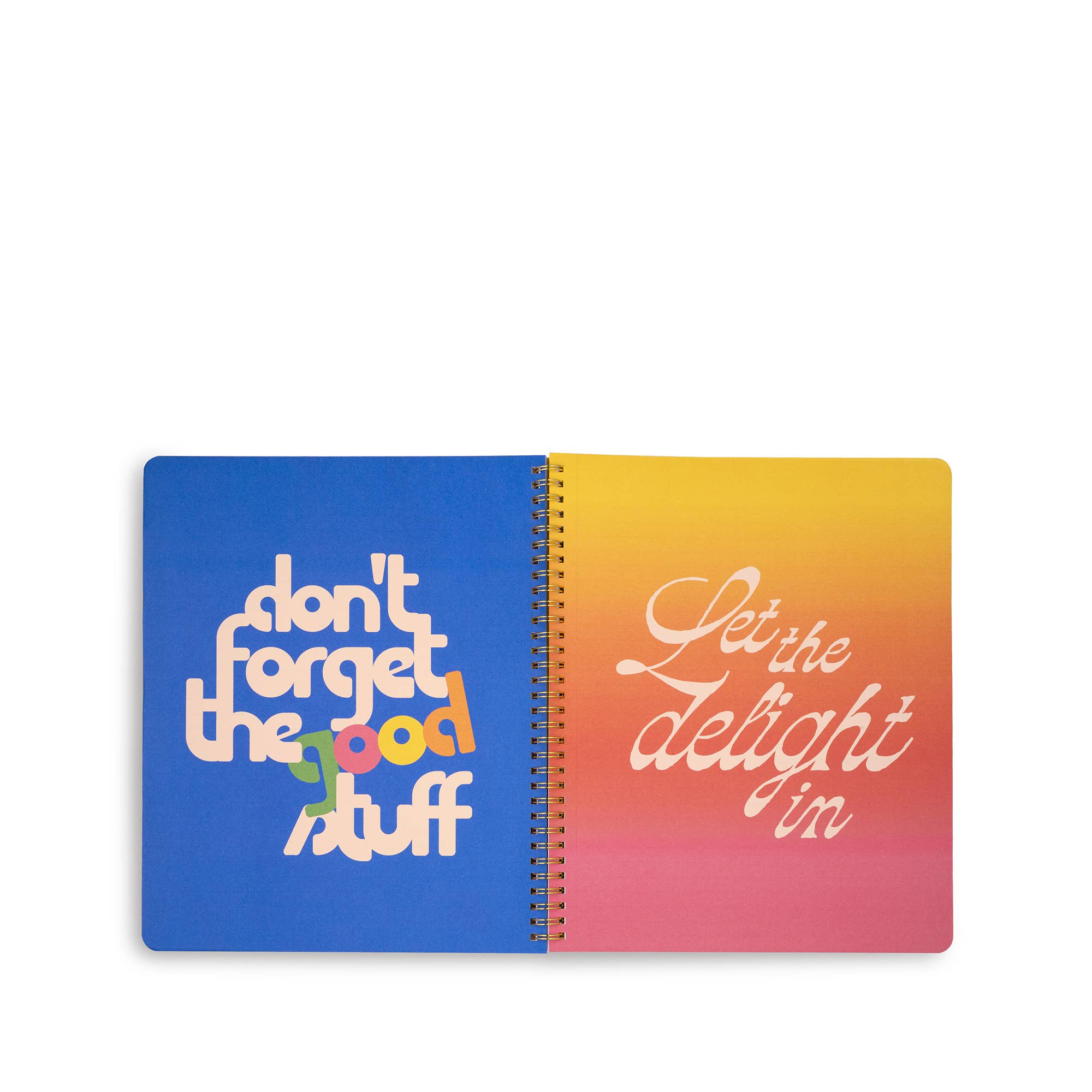 Spiral-bound notebook with colorful design and text on a white background