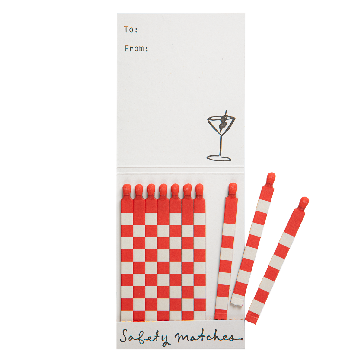A novelty matchbook-style package of safety matches with red and white checkered and striped matches, shown on a plain white background. The package has a white card with 'To:' and 'From:' fields and a small martini glass illustration.