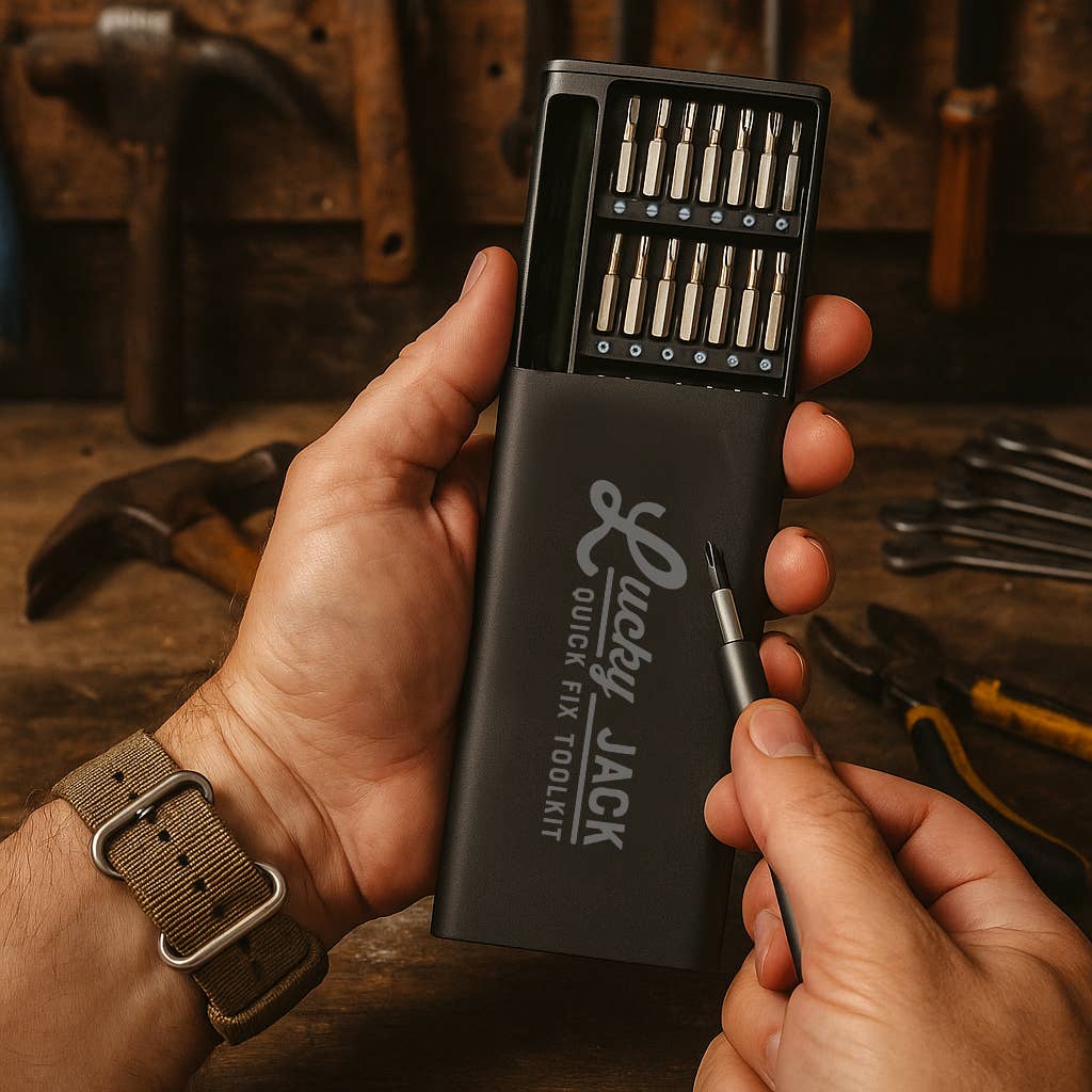 Hand holding a Lucky Jack quick fix toolkit with various bits on a workshop background