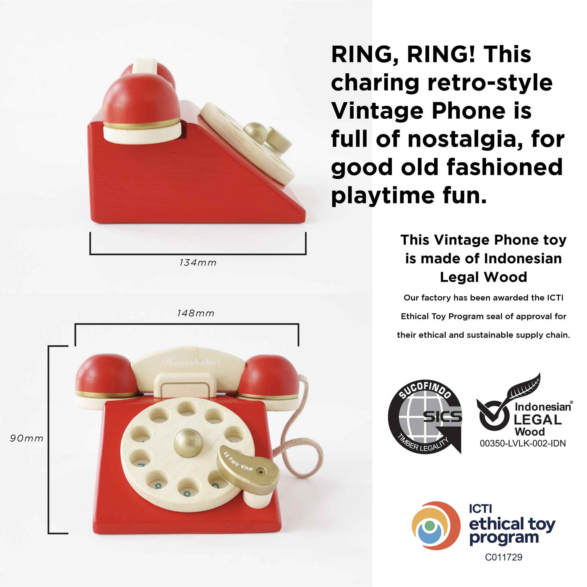 Vintage-style red phone toy with measurements and certification logos on a white background