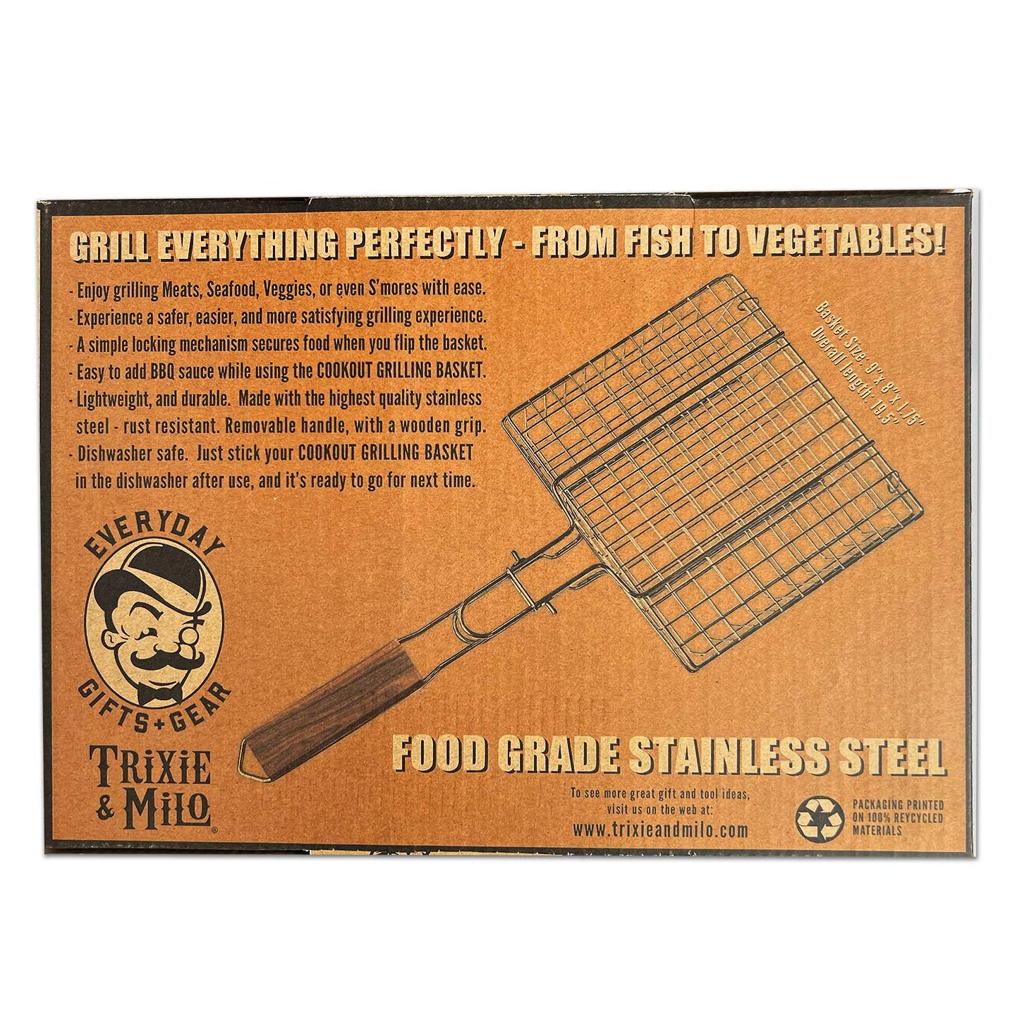Grilling basket with branding and product details on a brown background