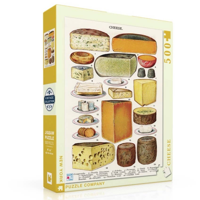 What a lovely gathering of twenty of our favorite European cheeses! Holding court are the majestic Roquefort, Gruyere and Camembert. While the likes of Stilton, Parmesan and Gorgonzola bid for royal acceptance!
Details:
500 Piece Jigsaw Puzzle
Finished Puzzle Size: 18"x24"
Linen Style Finish to reduce glare
Made in USA
Recommended Age: 10+ Years