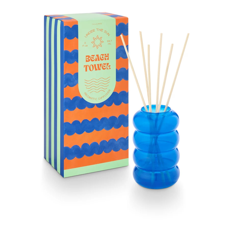 Diffuser Fragrance
A sun warmed deck chair with silky sun tan lotion, terry cloth towel, and glowing amber.