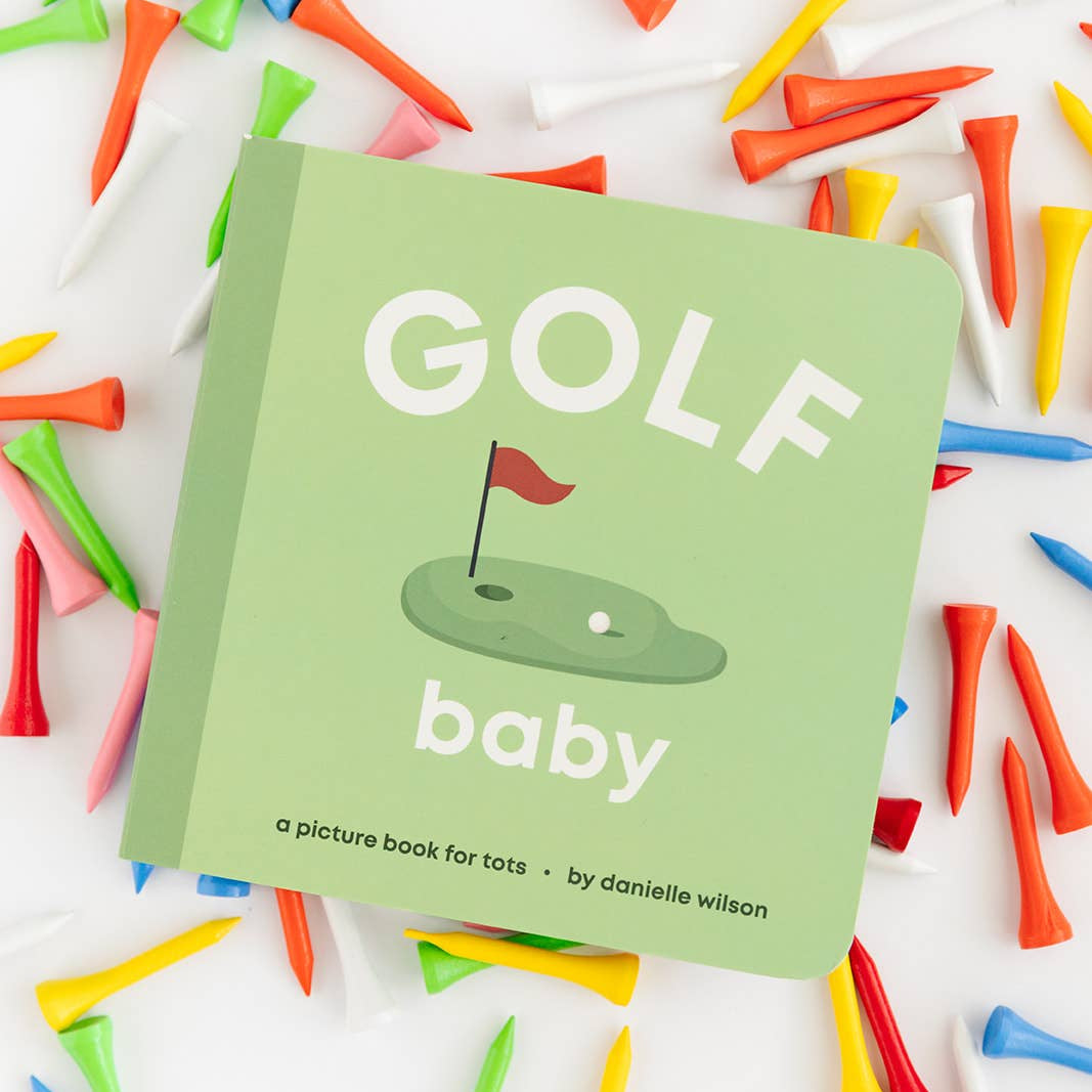 Golf-themed children's book surrounded by colorful golf tees on a white background