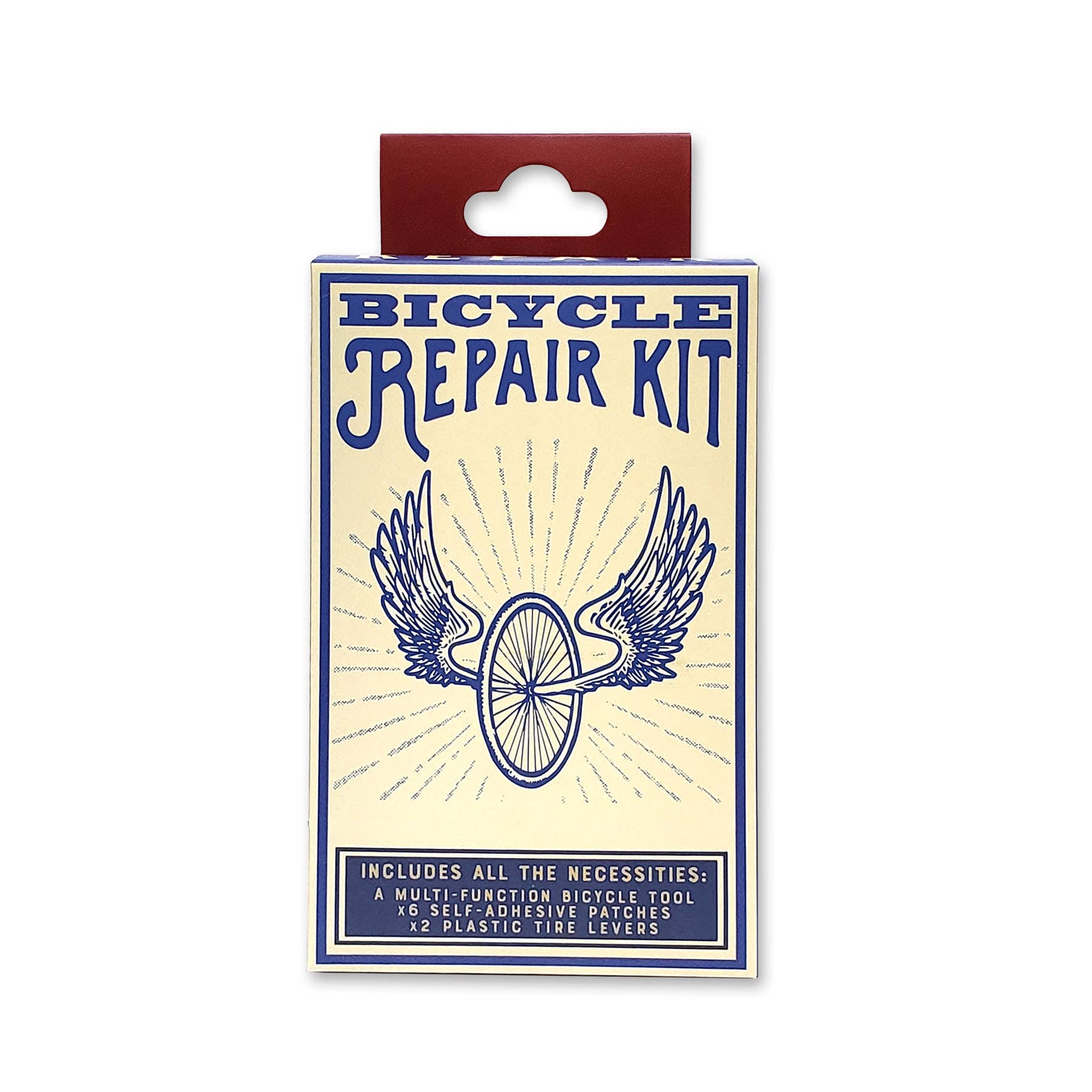 Bicycle repair kit packaging with wings and bicycle illustration on a white background