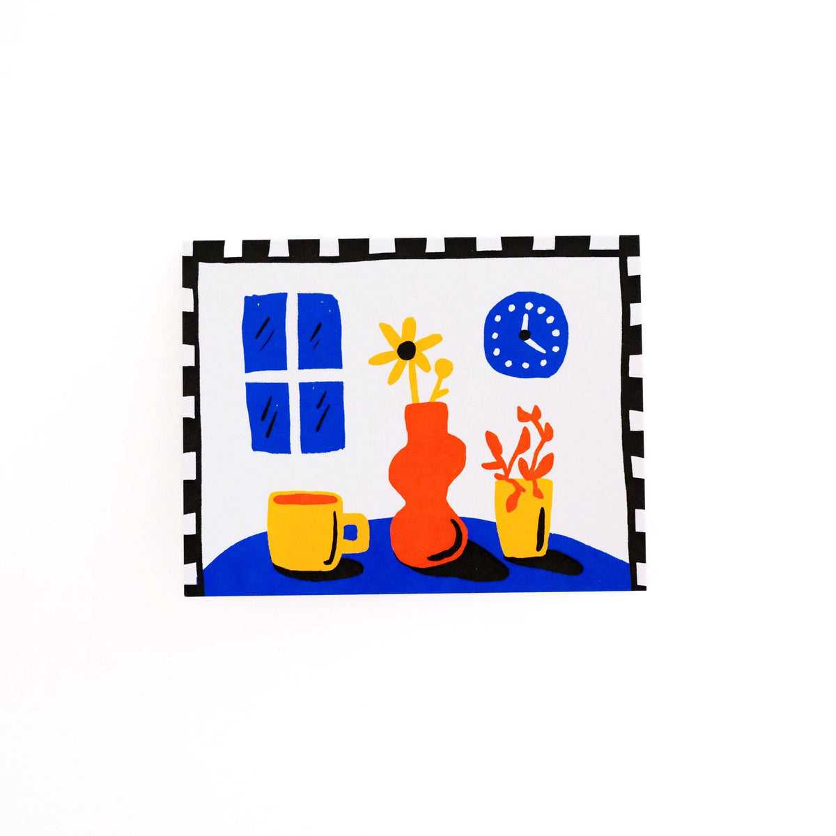 Colorful illustration of a room with a clock, vase, and flowers on a white background.