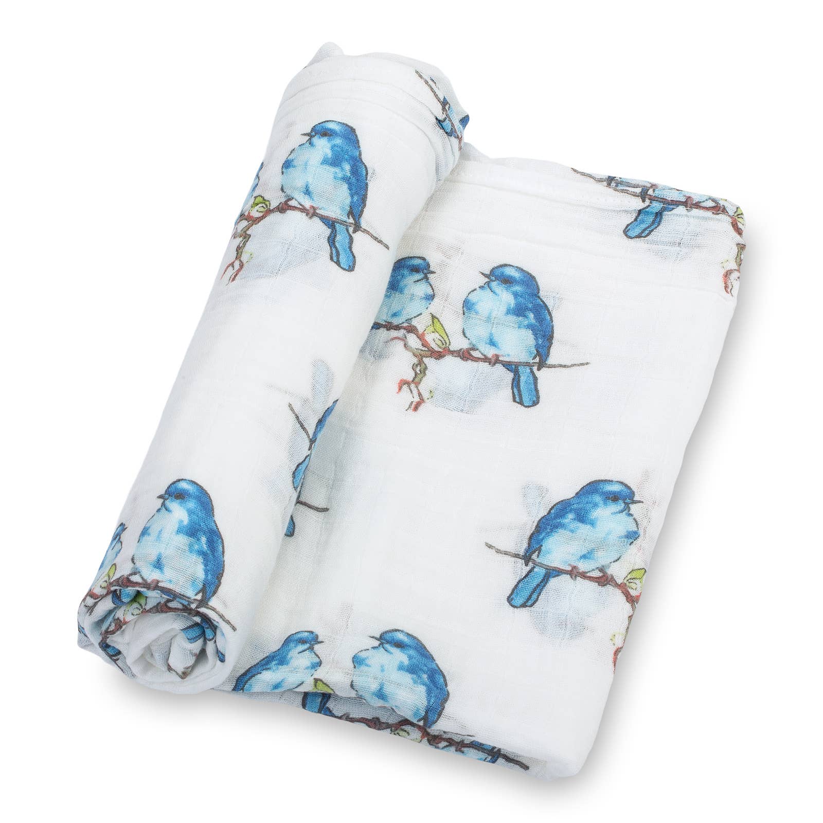 White fabric with blue bird pattern on a white background