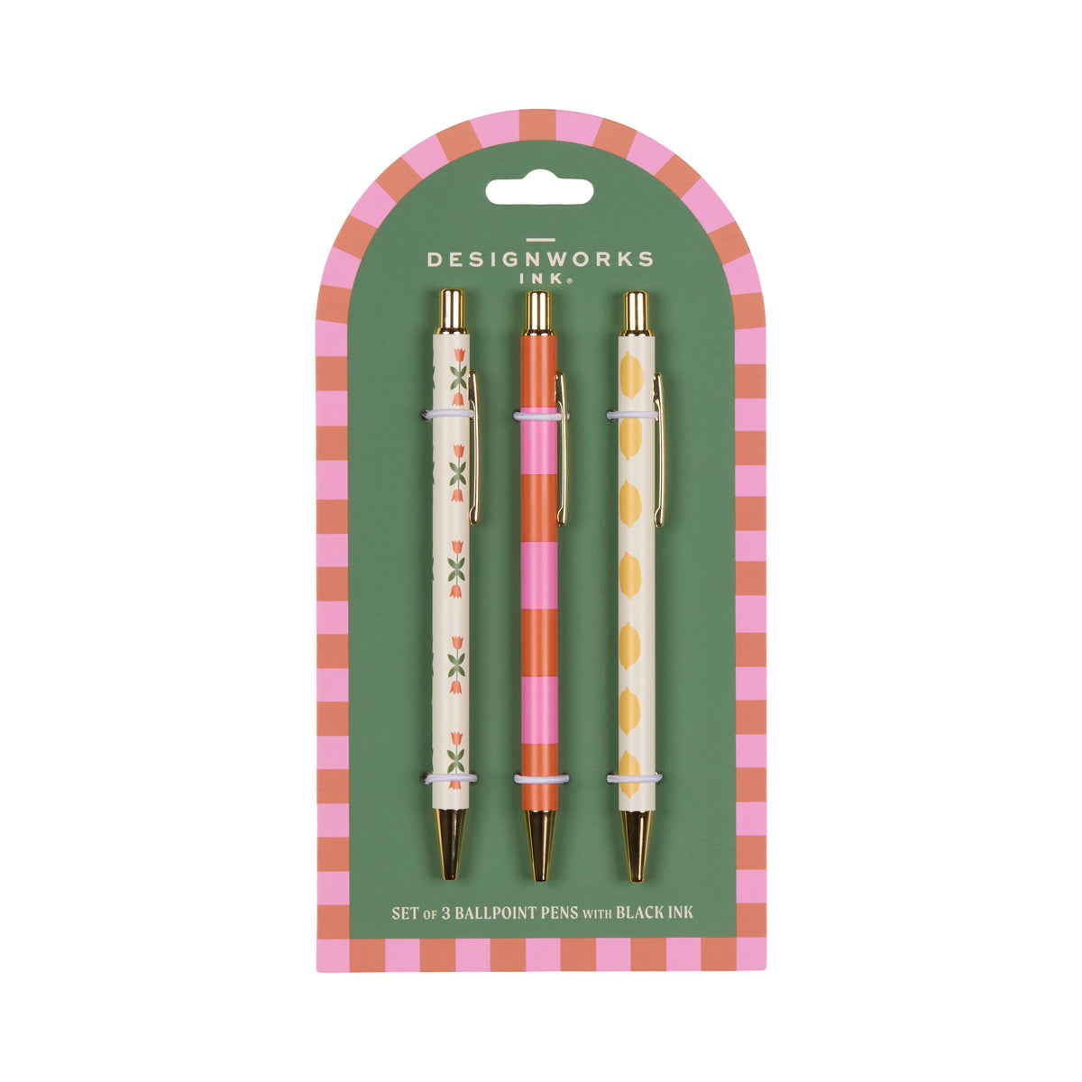 Set of three ballpoint pens in packaging with 'Designworks Ink' branding on a white background.