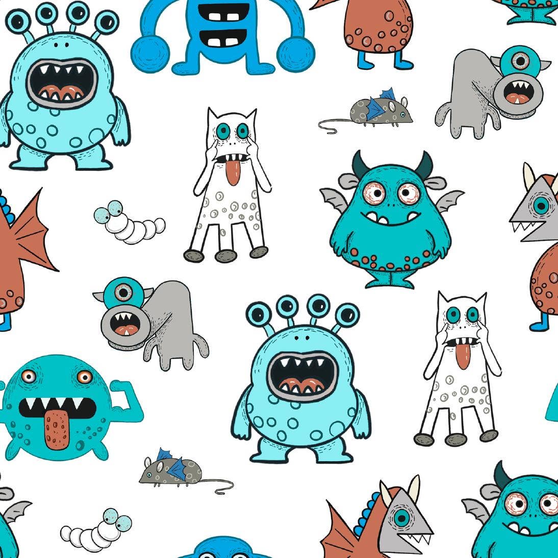 Pattern of colorful cartoon monsters and creatures on a white background