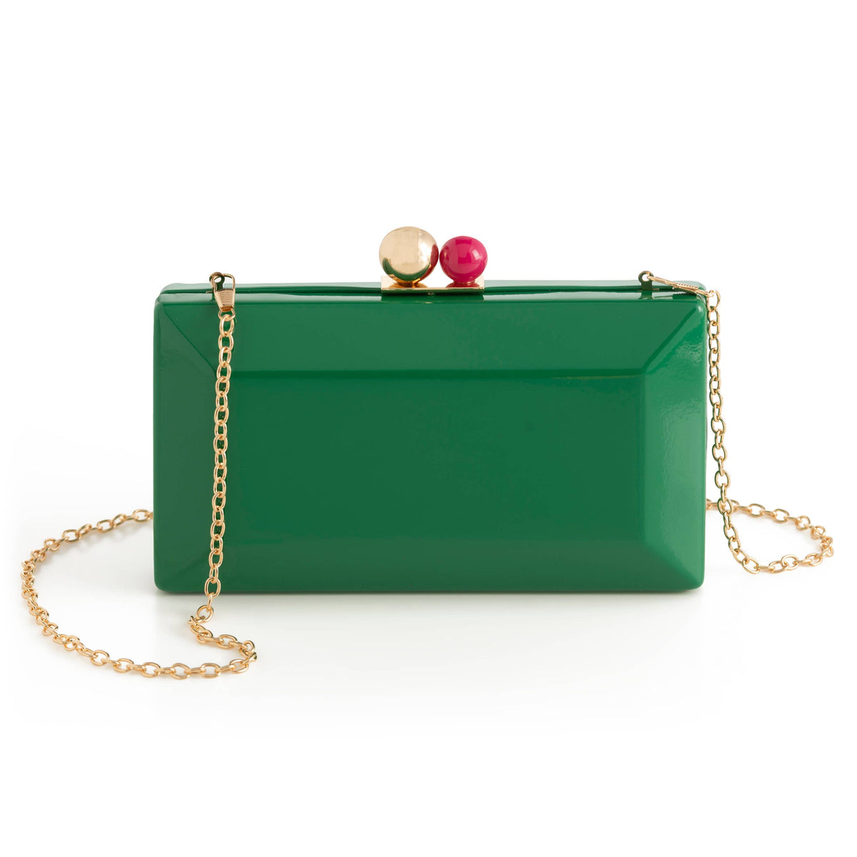This vibrant green Mackenzie Minaudiere features a luxurious patent PU exterior complemented by elegant gold hardware. The versatile design includes a detachable cross-body chain for multiple wearing options. Secured with a sophisticated push-lock closure, this stylish accessory combines practicality with eye-catching appeal for any occasion.