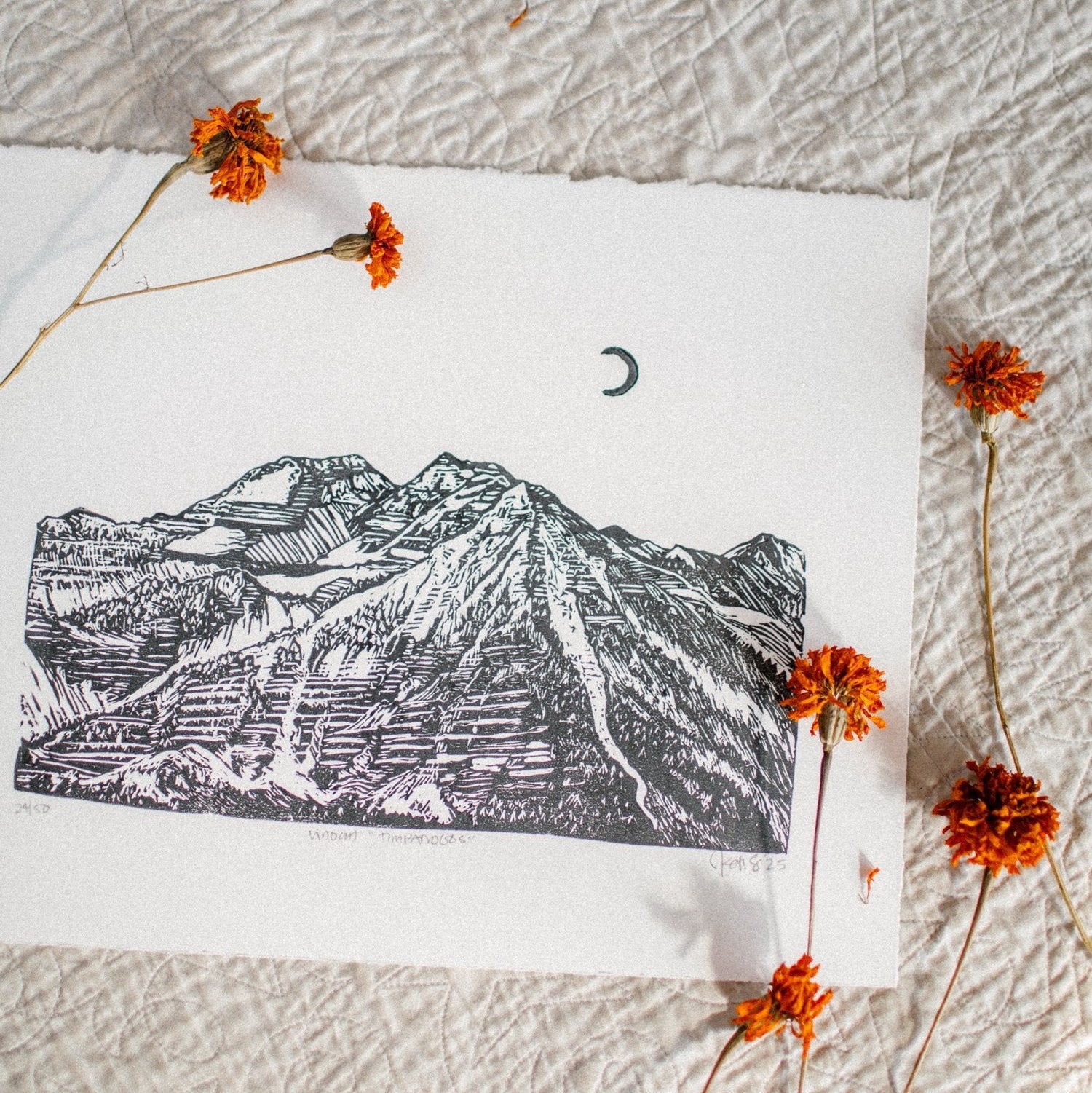 hand carved and pressed black and white 11x14 print of Mount Timpanogos