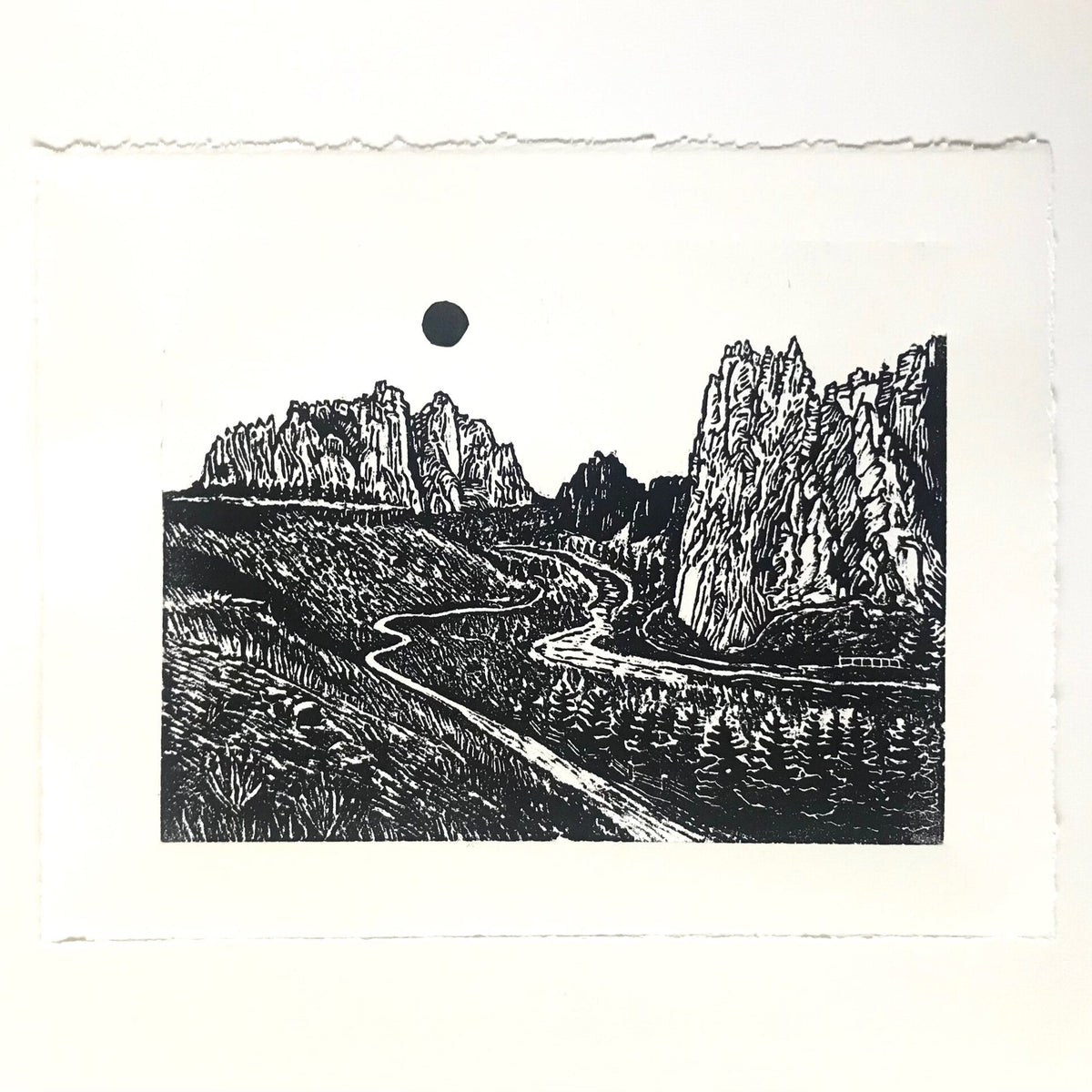 hand carved and pressed black and white 11x14 print of Smith Rock