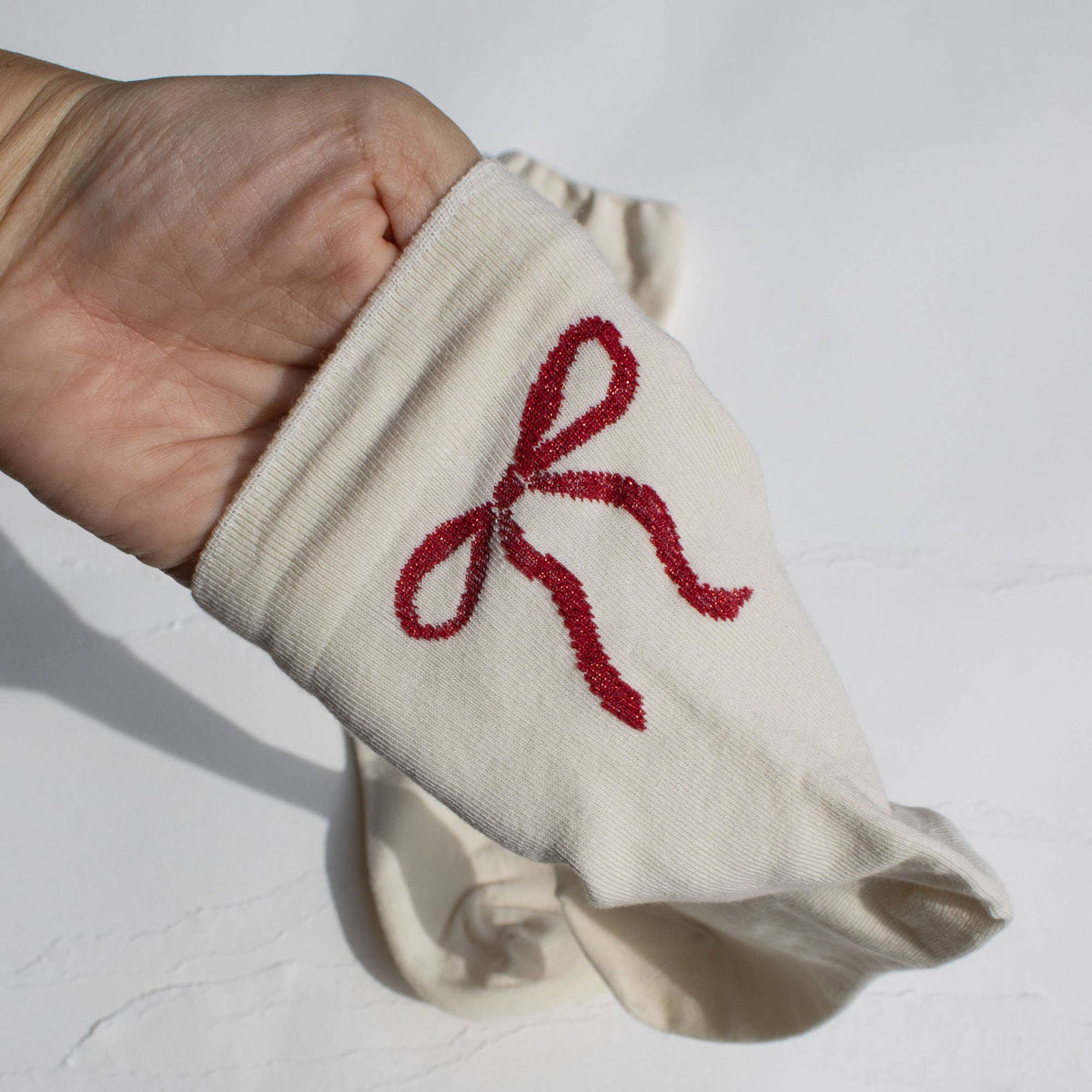 Red Ribbon Bow Socks - Cream