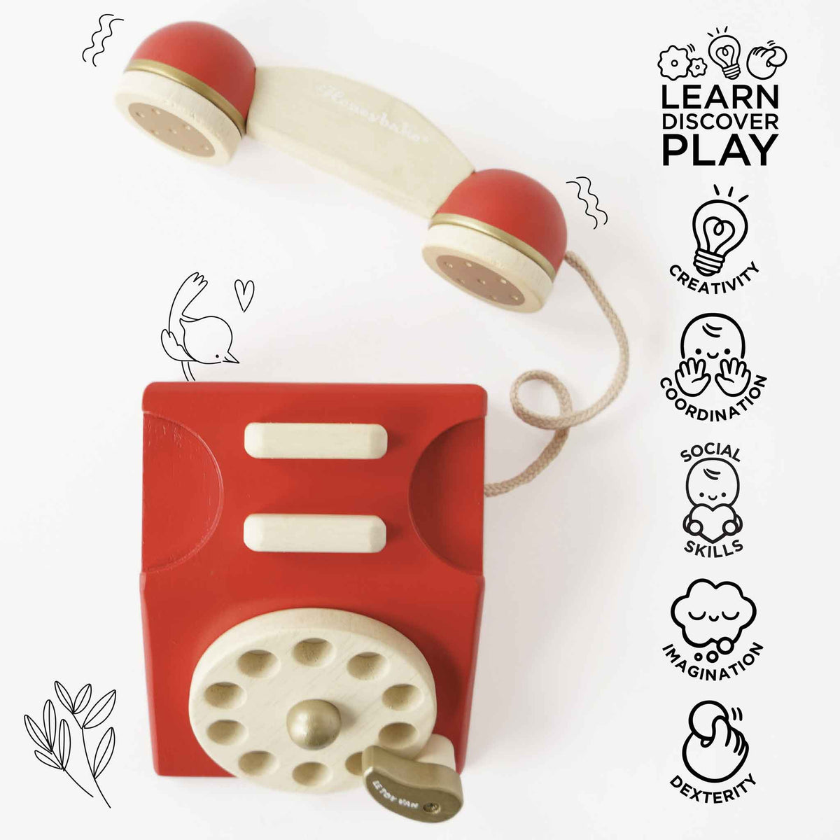 Red and beige toy phone with educational icons on a white background