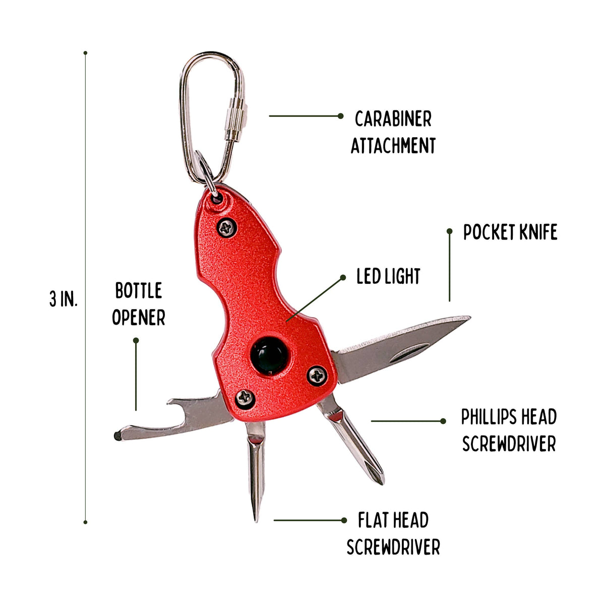 Multitool with carabiner attachment, bottle opener, LED light, pocket knife, Phillips head screwdriver, and flat head screwdriver on a white background.