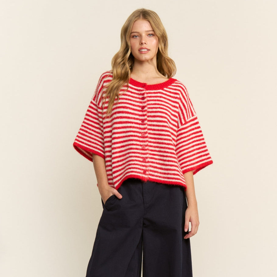 Red and white striped oversized short sleeve boxy silhouette cardigan.
