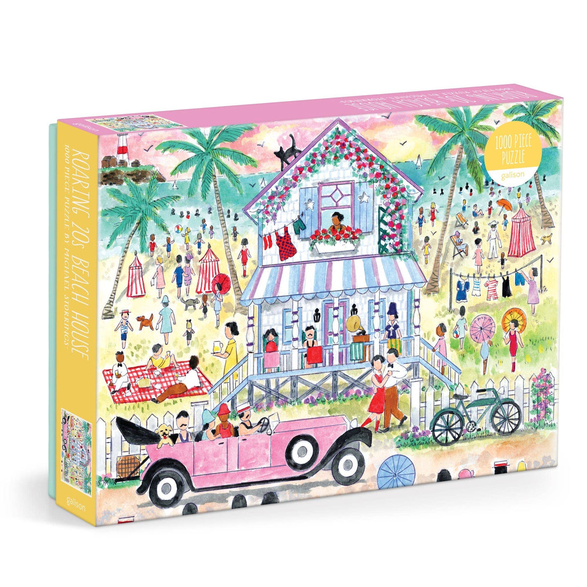 Transport yourself to a sun-drenched 1920s coastal retreat with this 1000-piece puzzle illustrated by Michael Storrings. The charming seaside composition features elegantly dressed beachgoers enjoying the sand, surf, and pastel beach house. Soft-colored palms frame the landscape, a classic automobile adds nostalgic flair, and an inviting outdoor gathering captures the leisurely spirit of the era.
Storrings' meticulous illustration style brings every period detail to life.