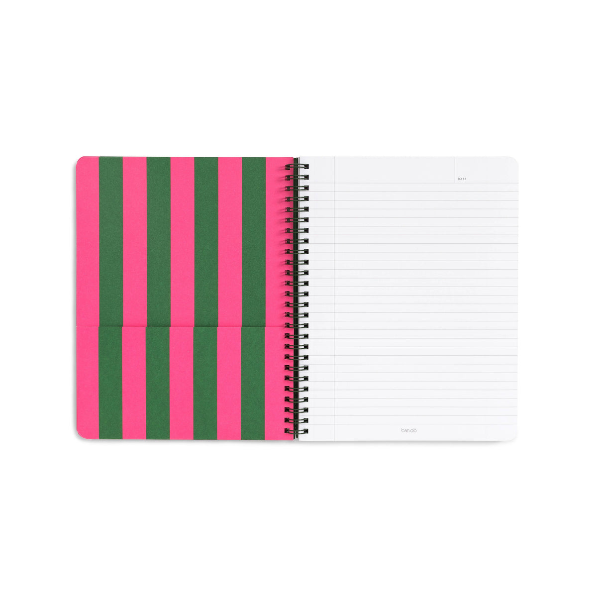 Notebook with green and pink striped cover on a white background