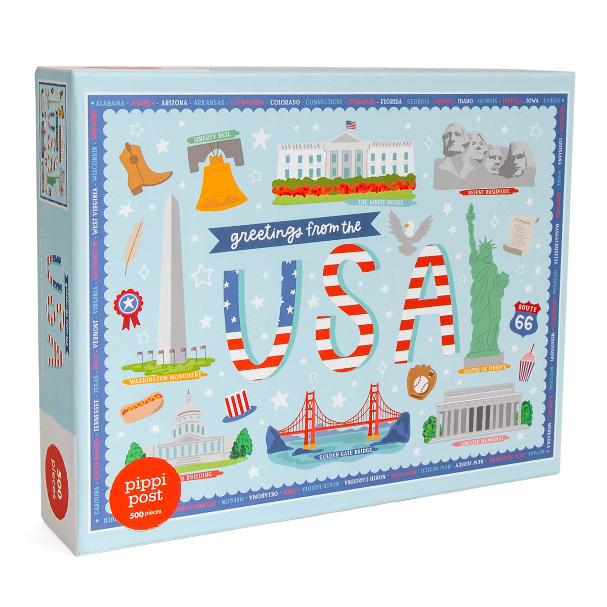 Piece together the essence of the USA with our Greetings from the USA 500 Piece Jigsaw Puzzle. Featuring hand-drawn illustrations, this puzzle is a fantastic way to celebrate the diverse and iconic landmarks across the country. Ideal for patriots, teachers, adults and kids, everyone will love piecing together American landmarks such as the White House, Mount Rushmore, Liberty Bell, the Washington Monument, the Statue of Liberty, the Golden gate Bridge, and more! 