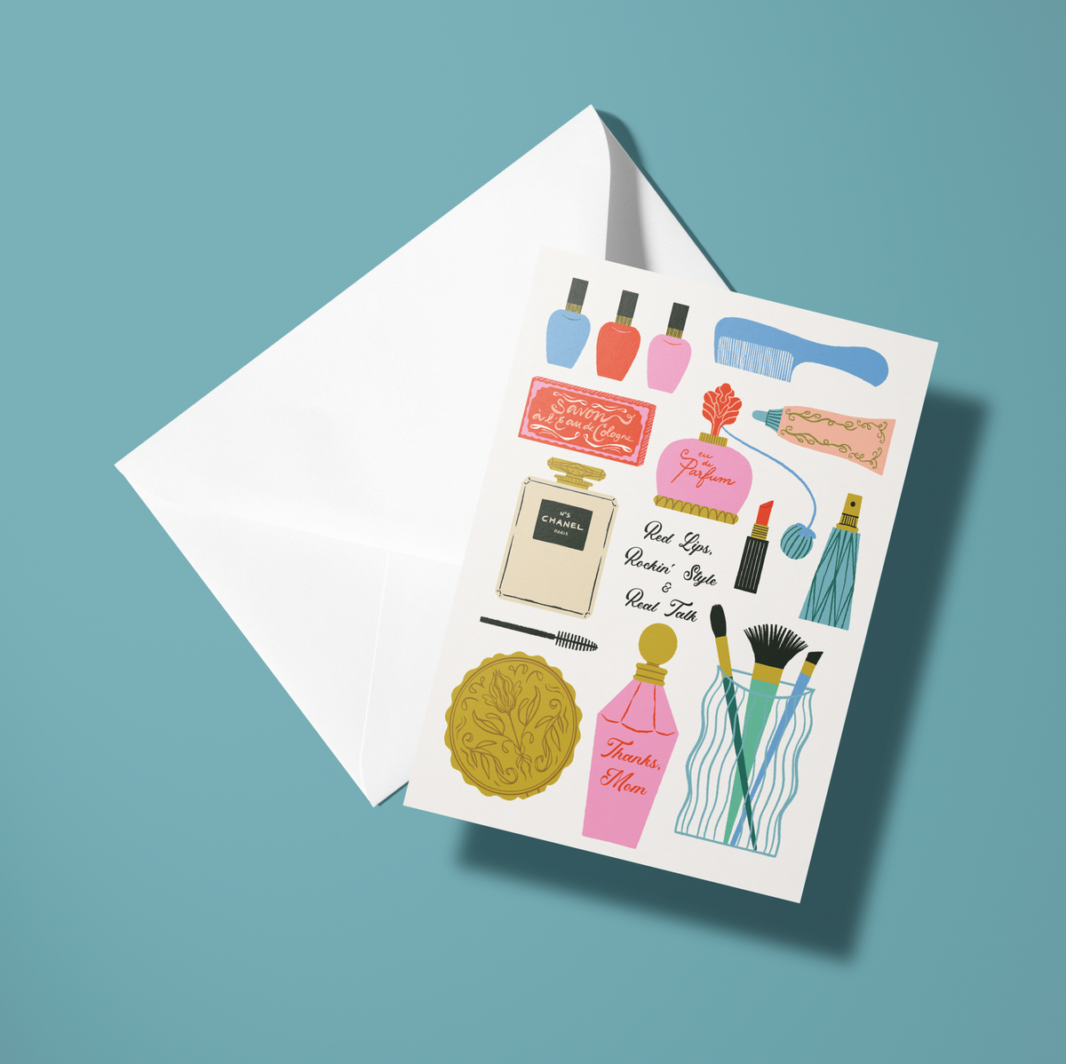 Greeting card with cosmetic illustrations on a white envelope against a blue background