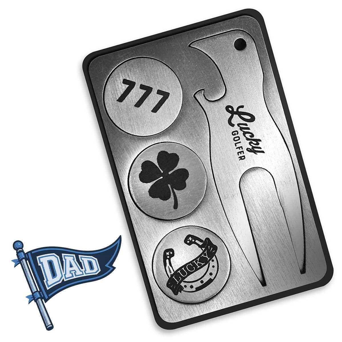 Metal card with golf-related designs and 'Lucky Golfer' branding on a white background.