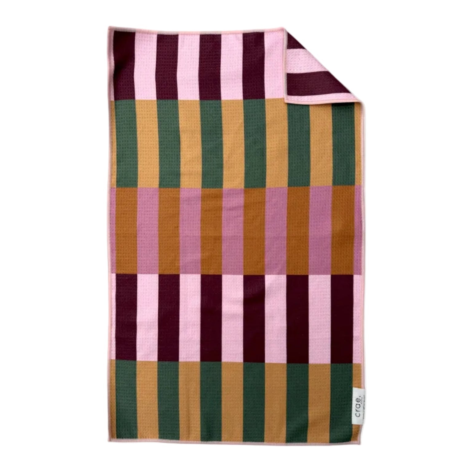 Colorful striped tea towel with a checkered pattern on a white background