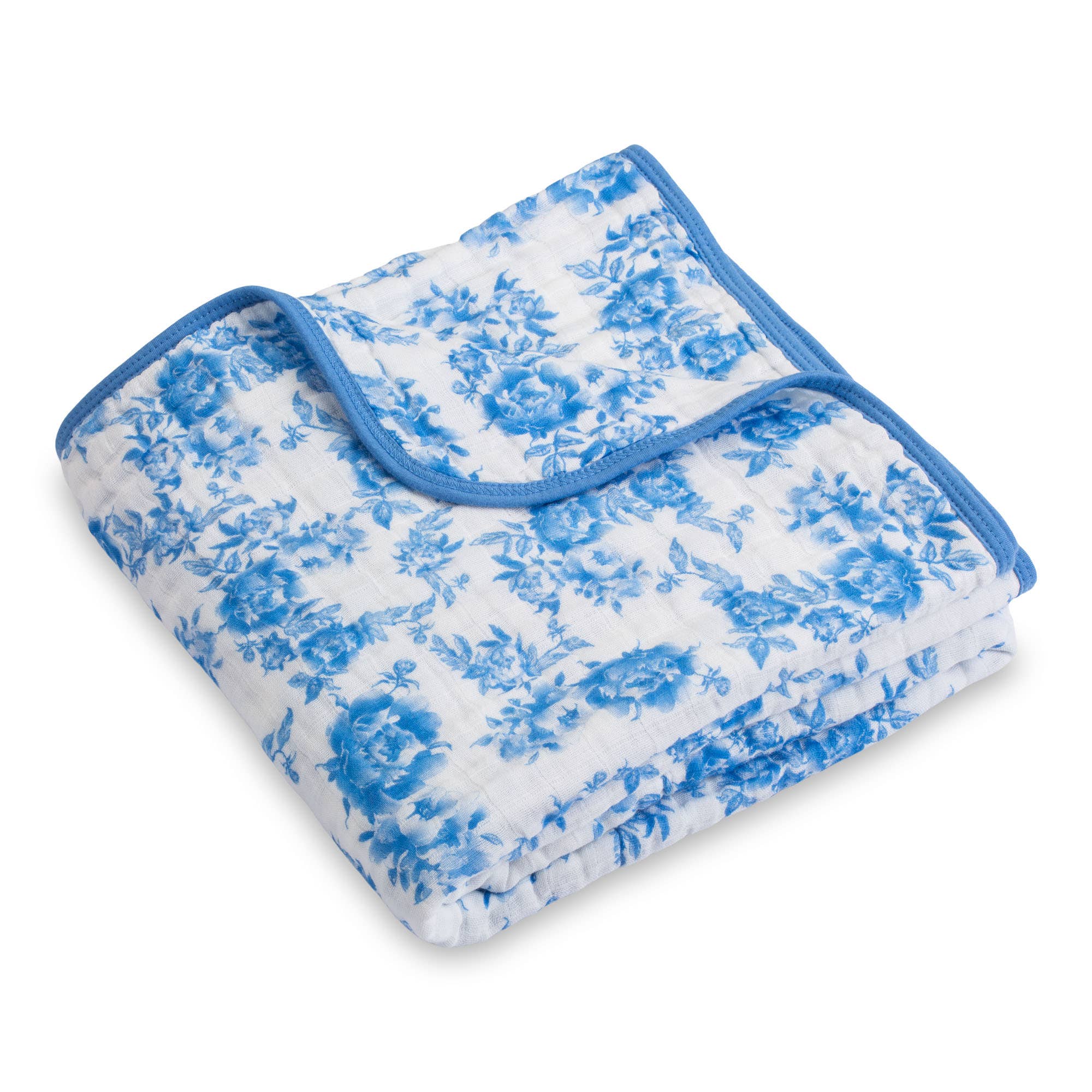 Floral-patterned blanket with blue flowers on a white background