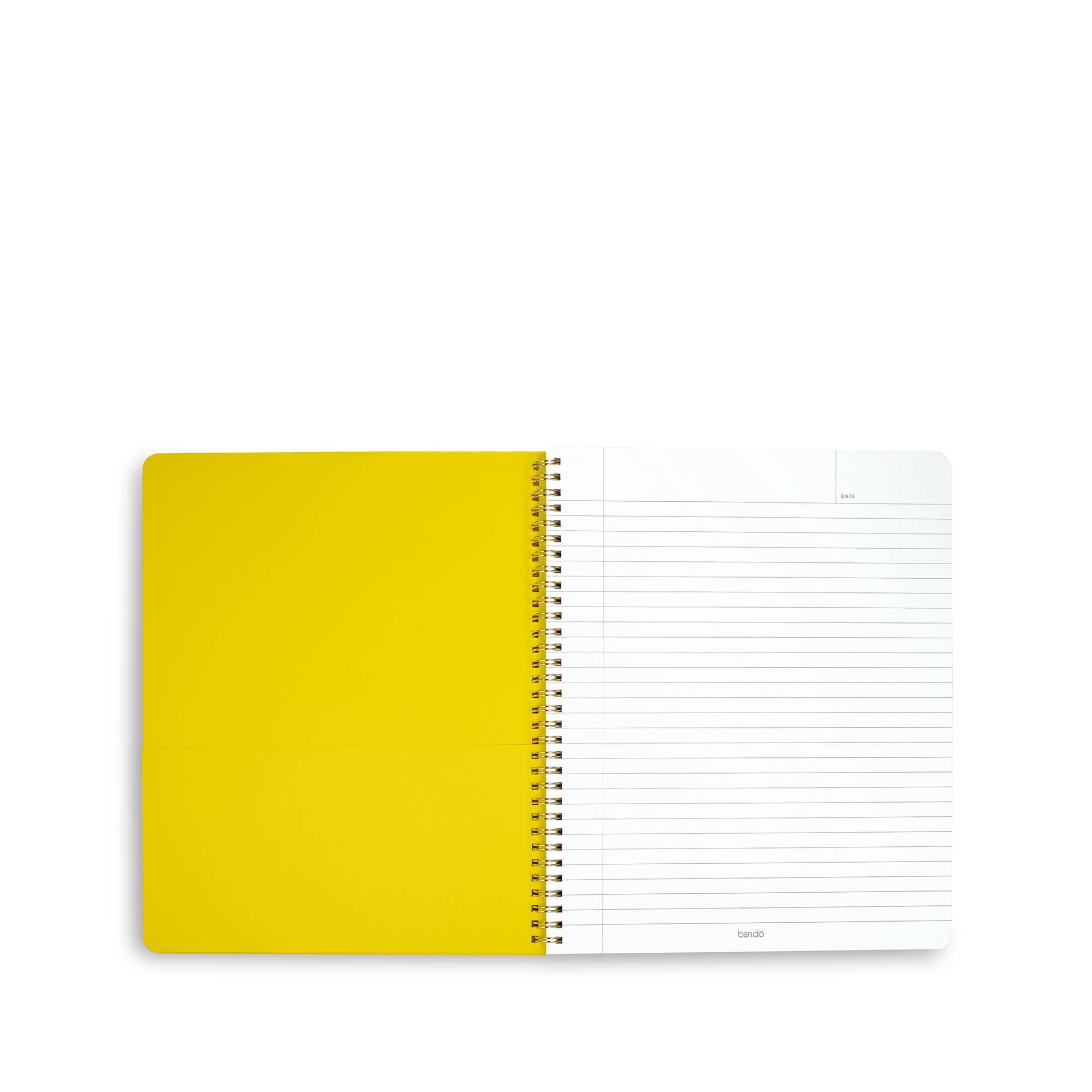 Yellow notebook with white pages on a white background