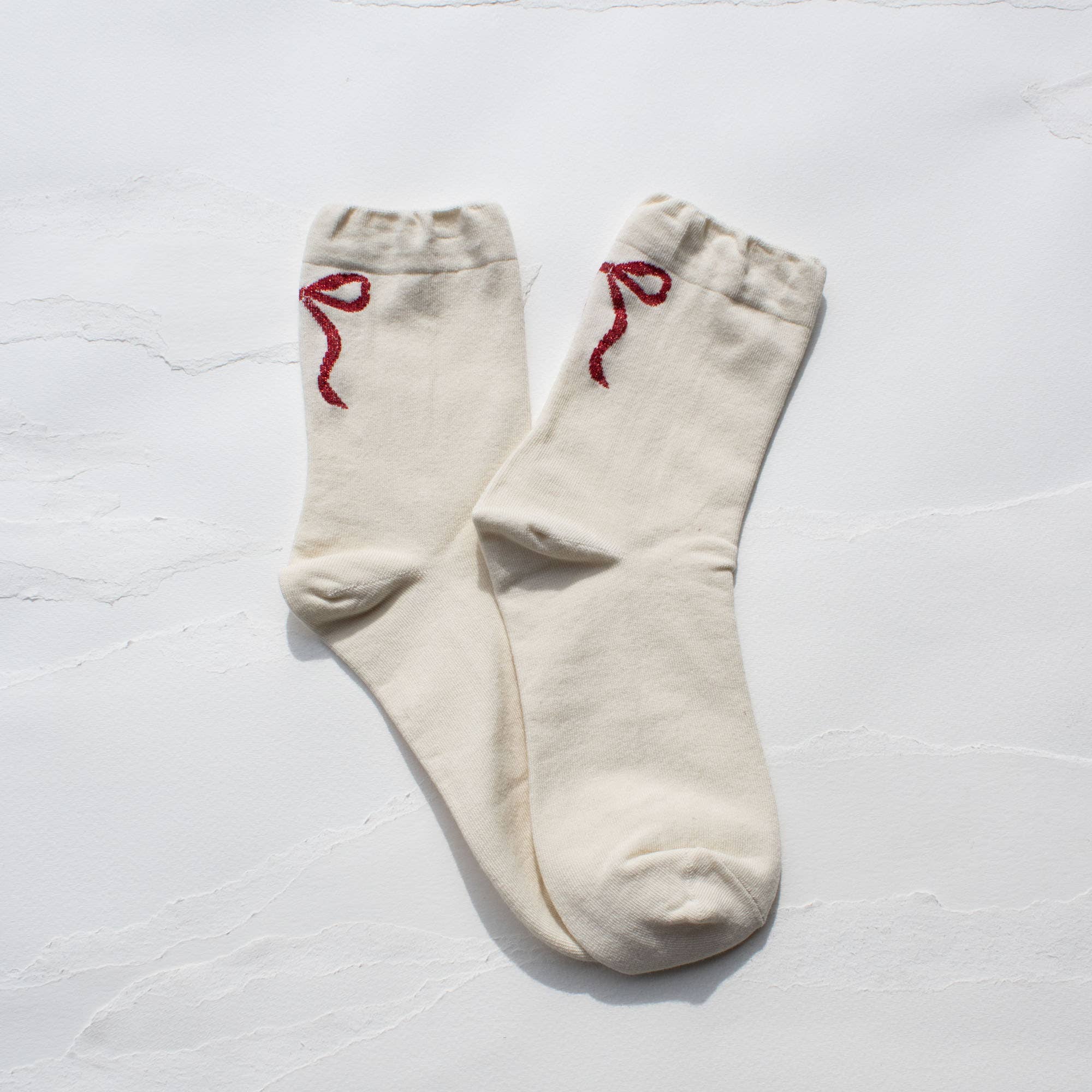 Red Ribbon Bow Socks - Cream