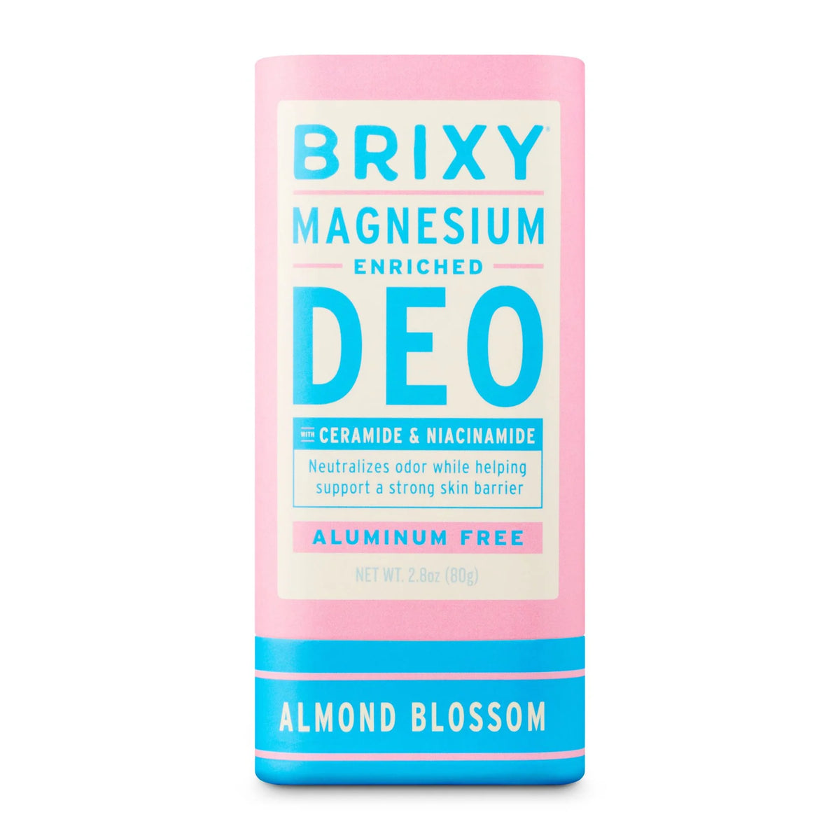 A baby pink and blue stick of BRIXY Magnesium-Enriched Deodorant labeled "Almond Blossom" stands upright with bold, modern typography. The packaging highlights features like being aluminum-free and enriched with ceramide and niacinamide to support skin health and neutralize odor.