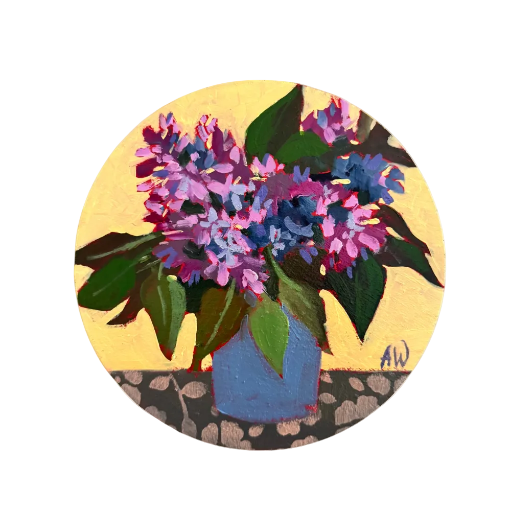 Lilac Bouquet in Blue Vase on table top, with yellow background, painted on a round panel
