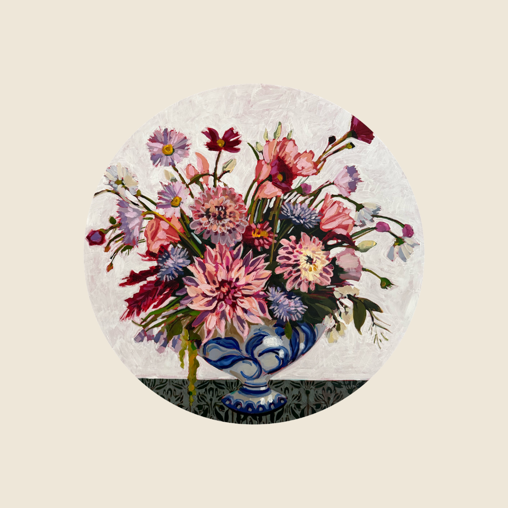 Original Art - Floral Arrangement in Blue & White Vase, white damask wallpaper in background, on a dark green tablecloth. Mixed flowers with Dahlias, Mums, Carnations, Asters, Lilies and leaves.