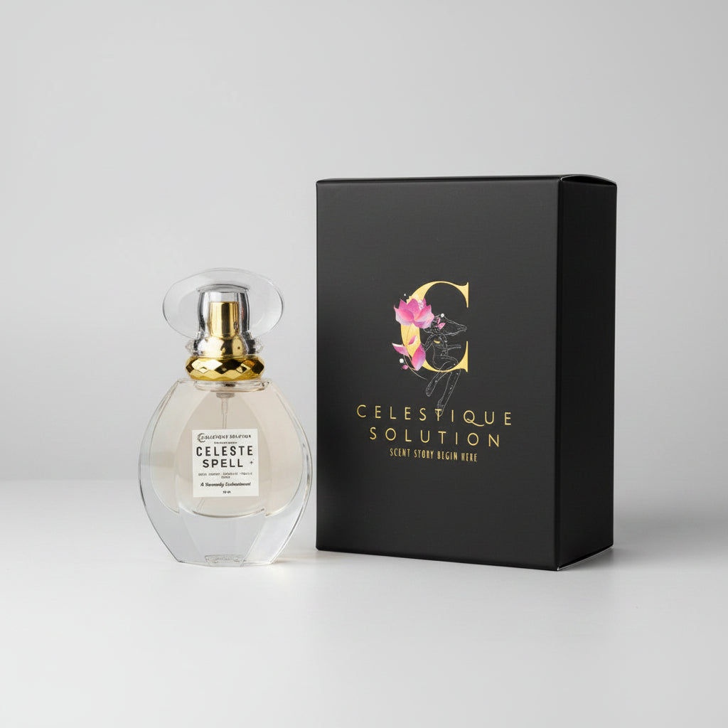 Perfume bottle with decorative elements on a wooden surface