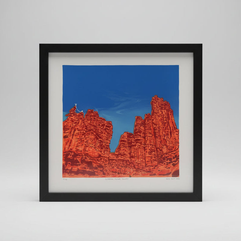 Capture the majesty of Fisher Towers with this striking 11x14 screen print. Towering red rock formations rise dramatically against a vivid blue sky, bringing the essence of Utah's iconic climbing destination into your home. Ideal for climbers, adventure seekers, and red rock enthusiasts who want to celebrate their passion for the outdoors every day.