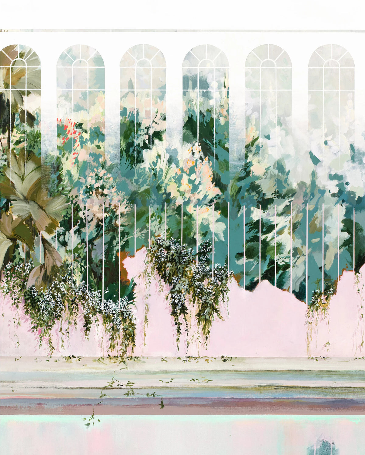 windows with plants pouring through in an abstract way.
