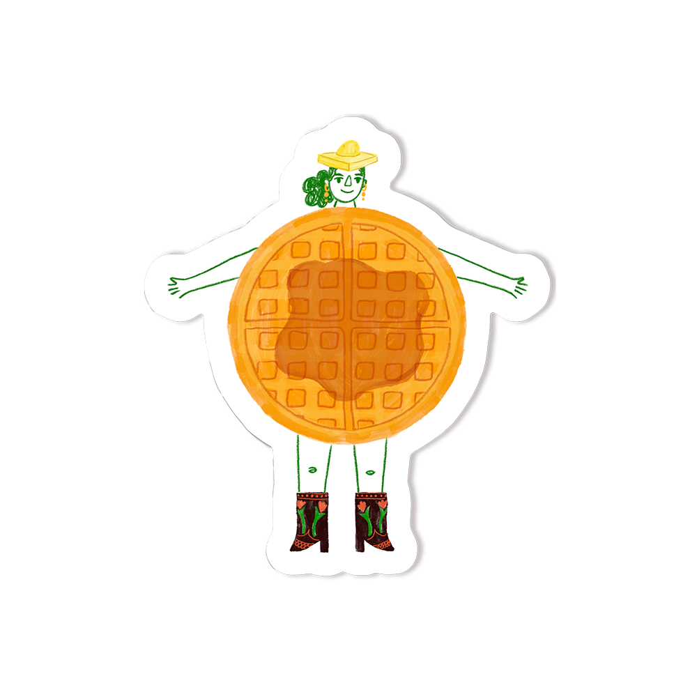 A circle waffle with lots of syrup, a face, arms and legs.