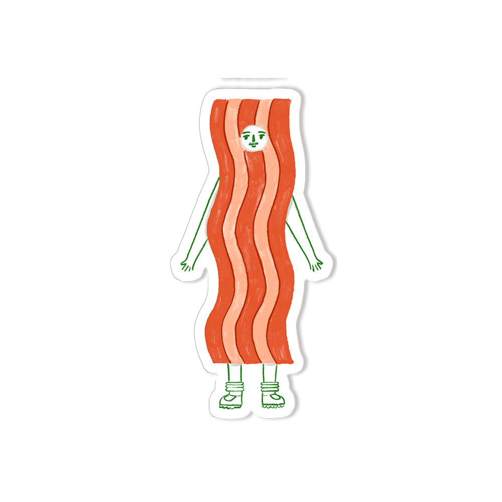 Curvy piece of bacon with a face, arms and legs.