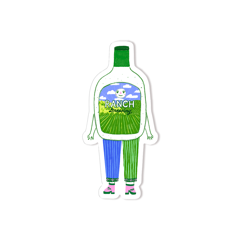 A ranch bottle with a face, arms and legs.
